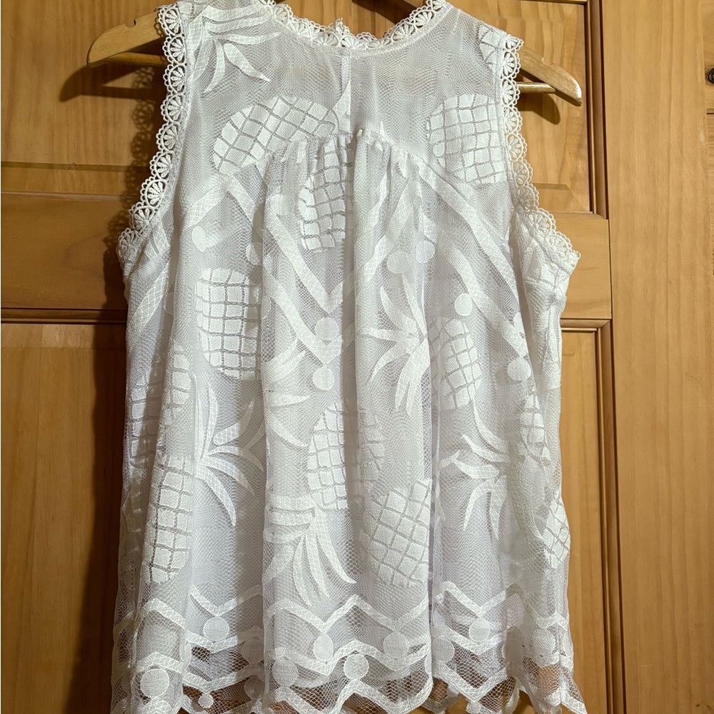 🍍Anthropologie Maeve White Lace Embroidered Pineapple Sleeveless Top. Size 10.